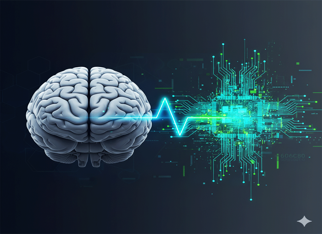 Cerebro humano junto a un circuito digital que simboliza la diferencia entre razonamiento humano e inteligencia artificial