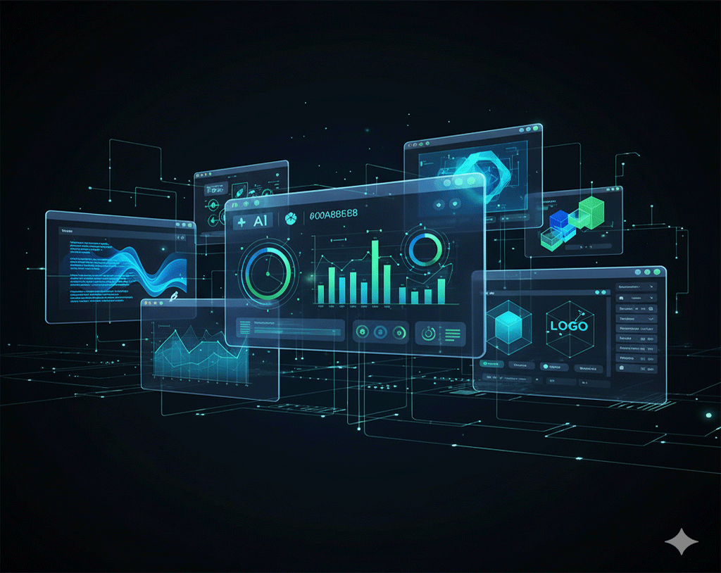 Pantallas mostrando distintos tipos de inteligencias artificiales especializadas en áreas diferentes