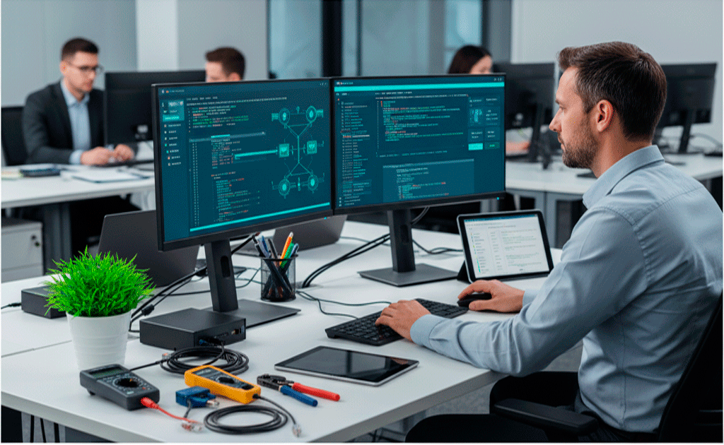 Técnico realizando auditoría de seguridad en red corporativa