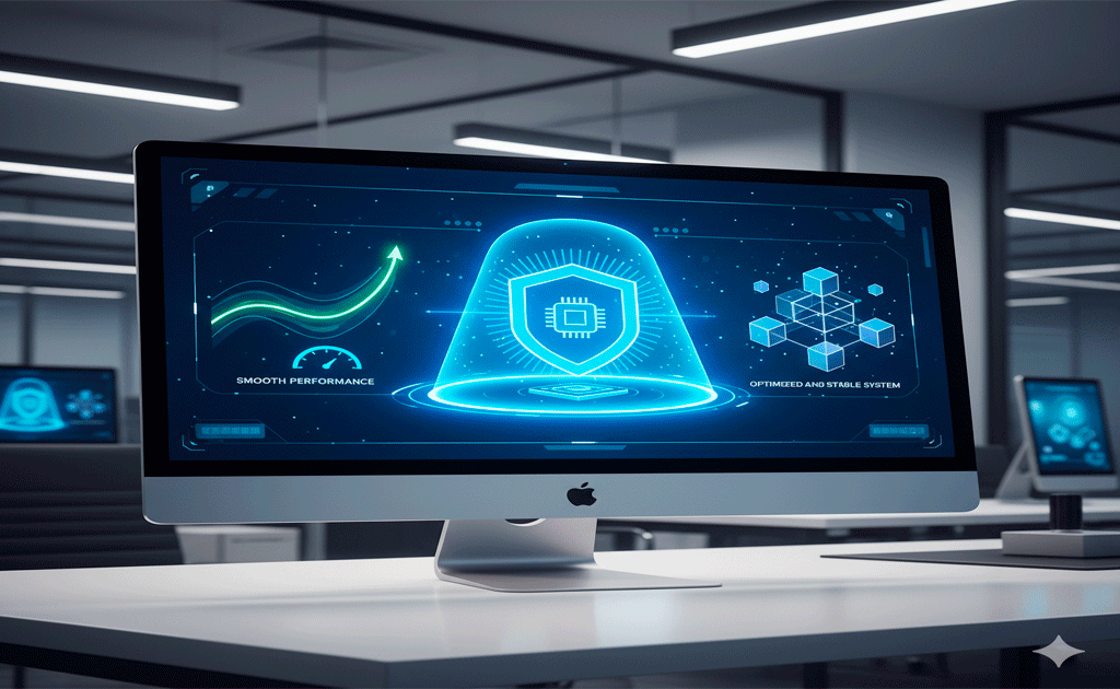 Computadora con símbolos de seguridad y rendimiento optimizado.