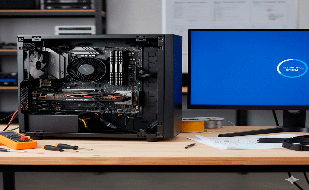 Case destapado mostrando componentes internos junto a monitor reiniciando