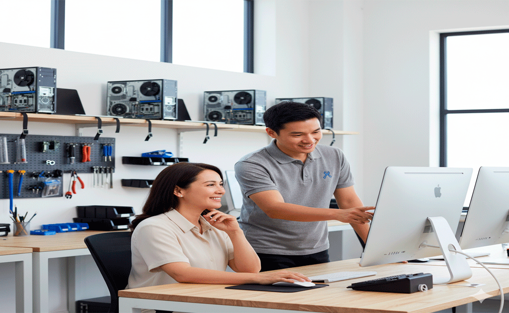 Técnico profesional ofreciendo servicio de soporte y mantenimiento preventivo.