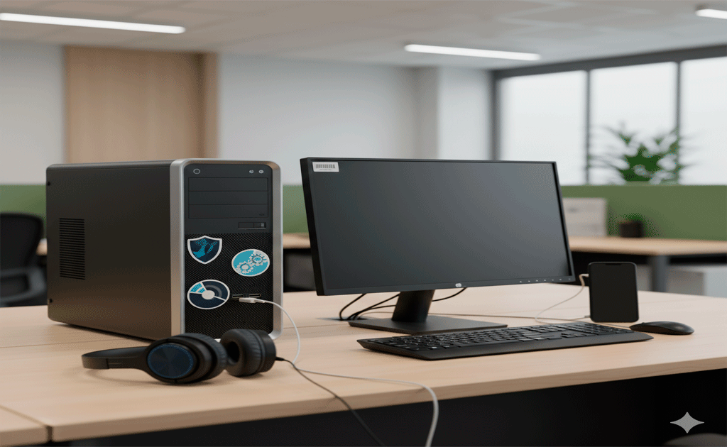 Computadora corporativa en escritorio de oficina