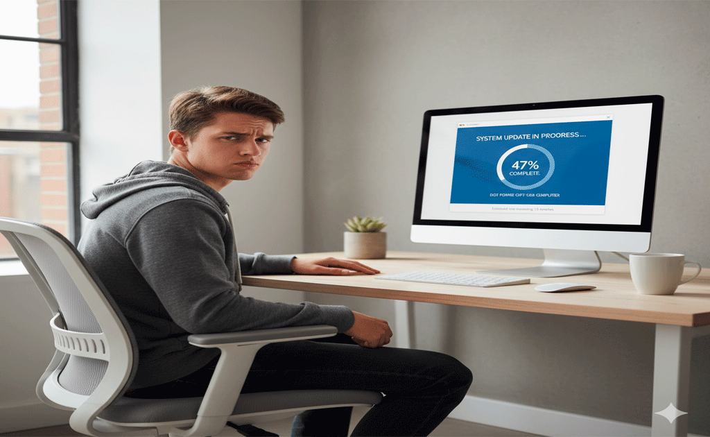 Usuario esperando mientras su computadora instala una actualización del sistema operativo.