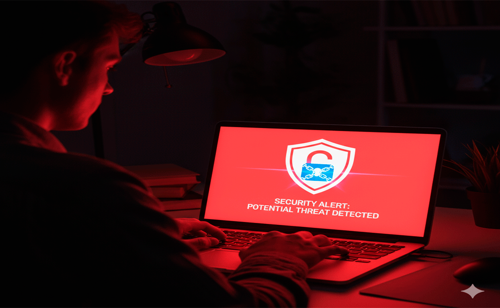 Advertencias de seguridad digital en computadora de casa