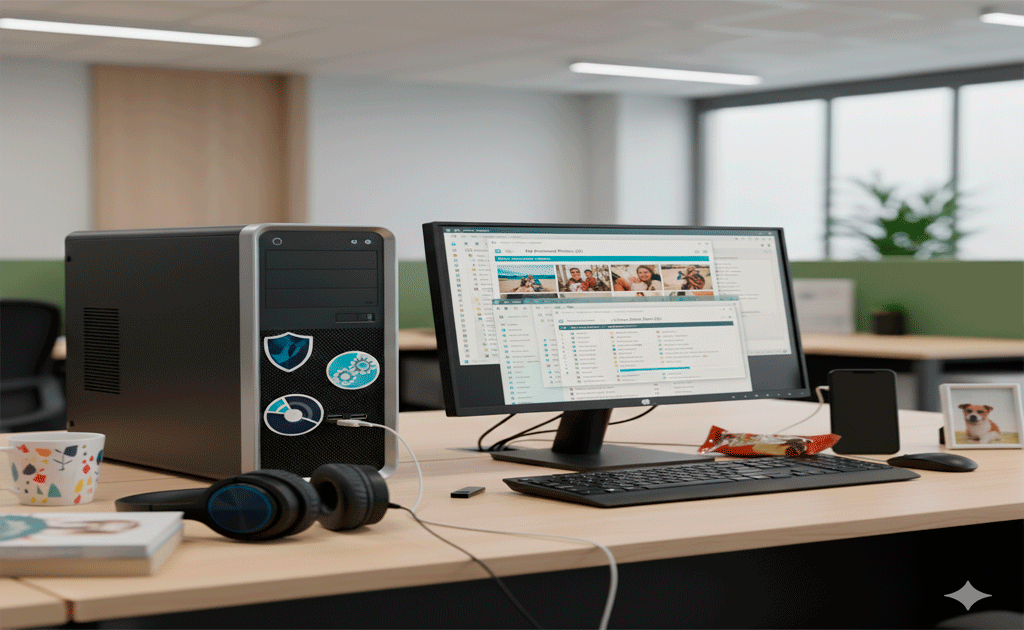 Trabajador guardando archivos personales en la computadora del trabajo