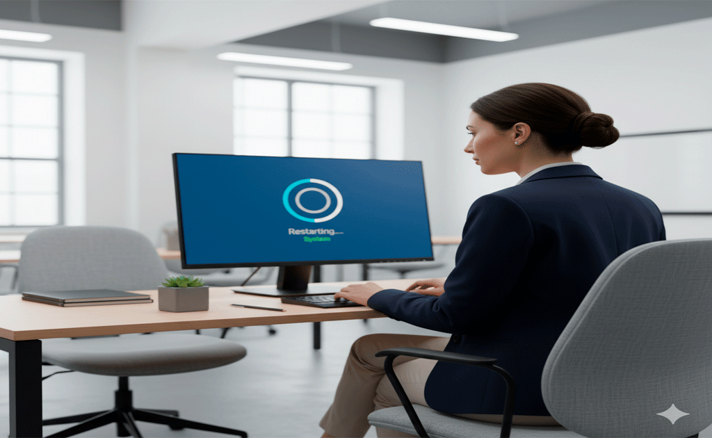 Mujer observando el reinicio en la pantalla de su computadora