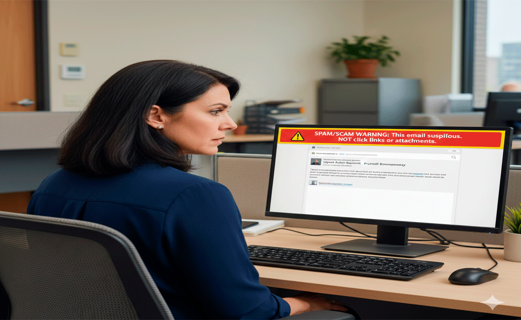 Empleado empresarial recibiendo correo fraudulento