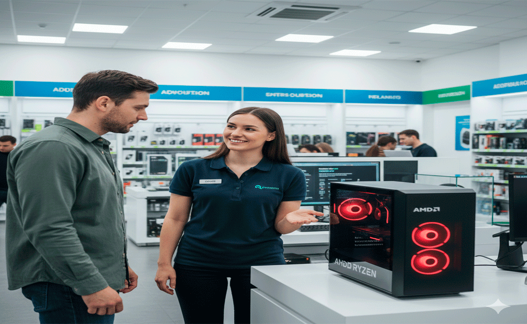 Técnico de OLISOFT asesorando a un cliente sobre equipos AMD