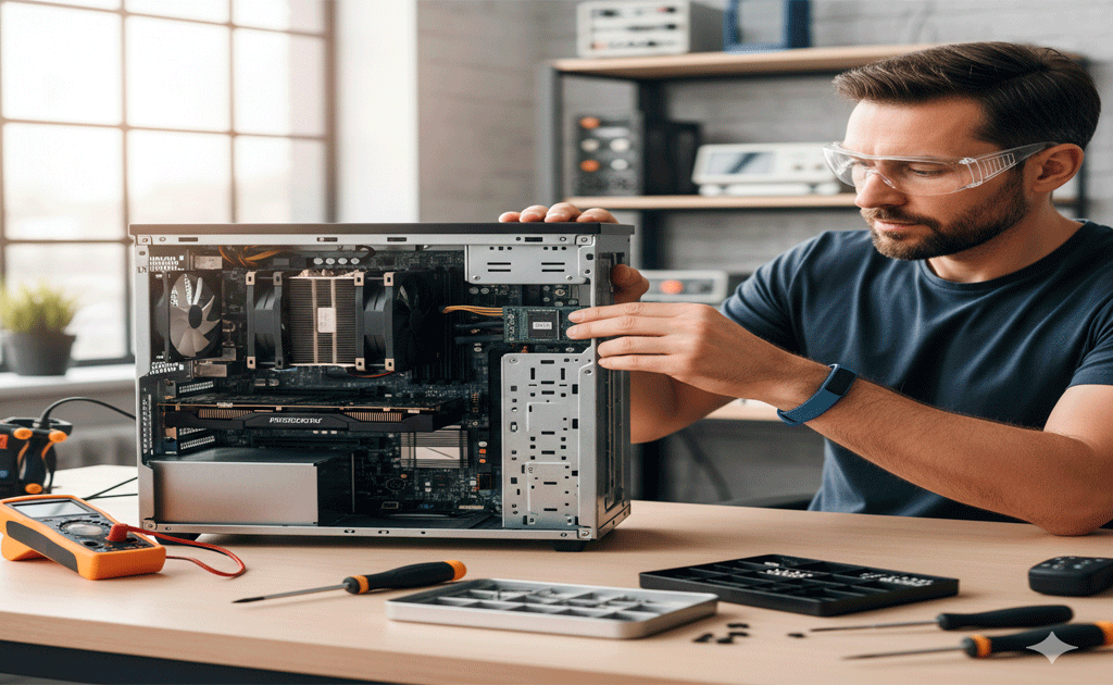 Técnico informático realizando actualización de un PC.