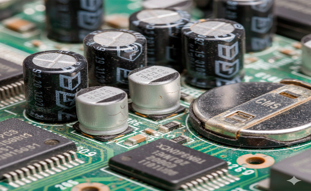 Componentes electrónicos sensibles como capacitores y baterías