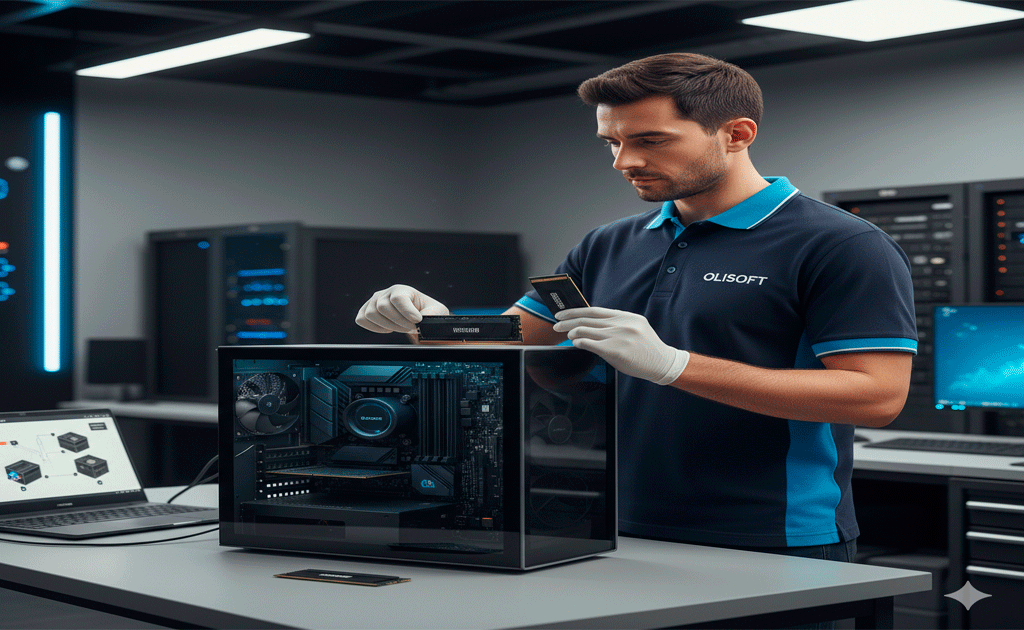 Técnico evaluando actualización de computadora moderna