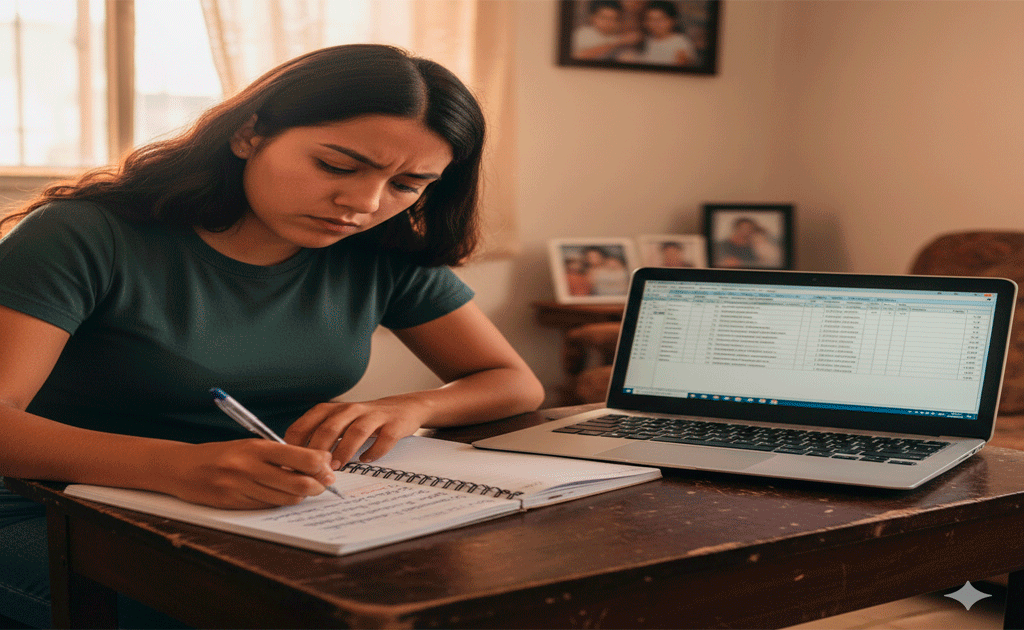 Emprendedora peruana planificando la inversión de su negocio en casa mientras usa una laptop antigua con lista de clientes