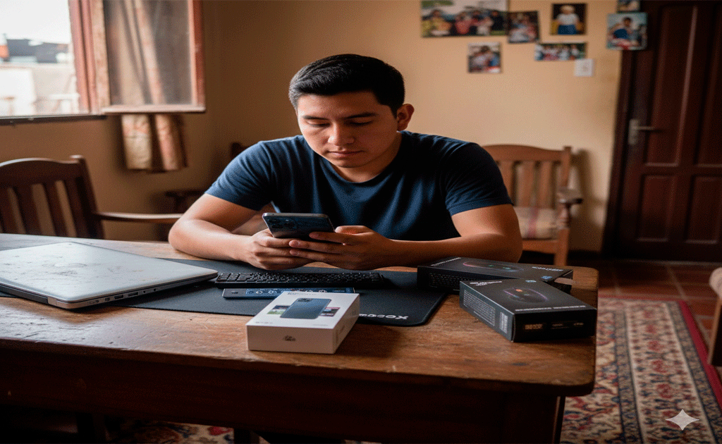 Joven emprendedor peruano vendiendo accesorios para computadoras en TikTok desde casa con una laptop antigua sin usar