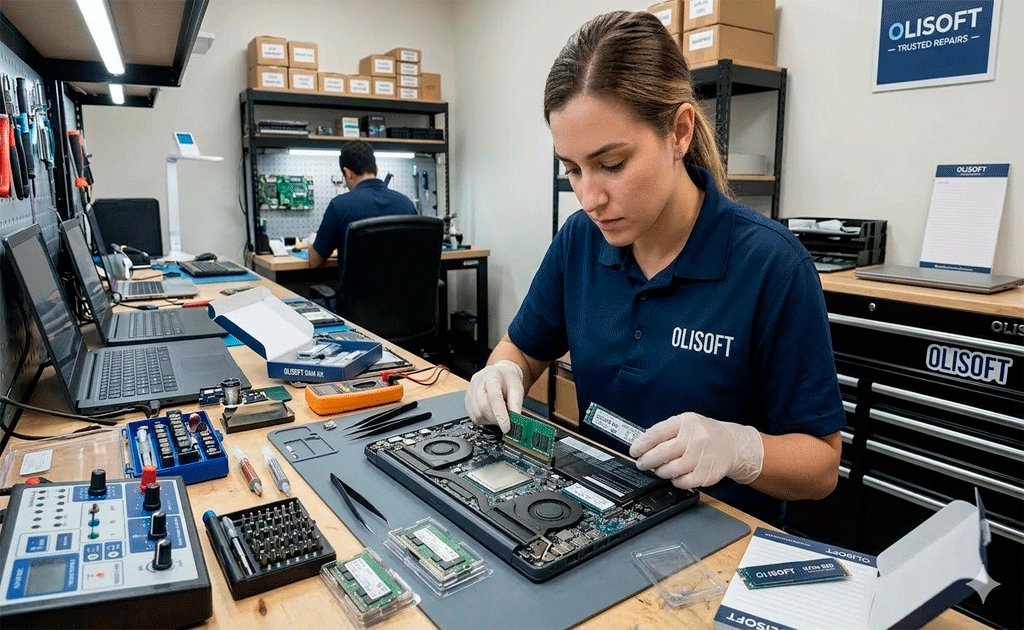 Técnico instalando memoria RAM en una computadora portátil