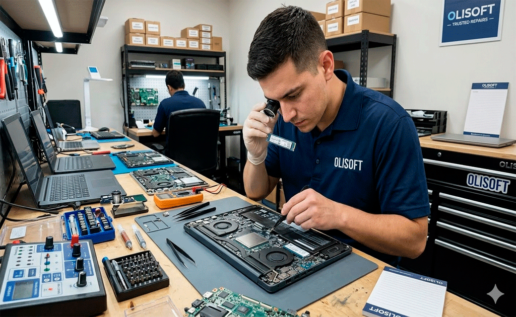 Técnico revisando componentes internos de una laptop con SSD instalado