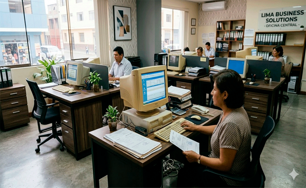 computadora antigua utilizada en oficina de pequeña empresa para tareas básicas