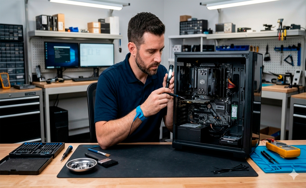 tecnico revisando componentes internos de computadora