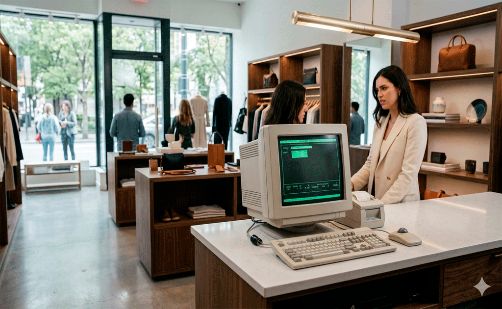 local comercial moderno con computadora antigua en el mostrador