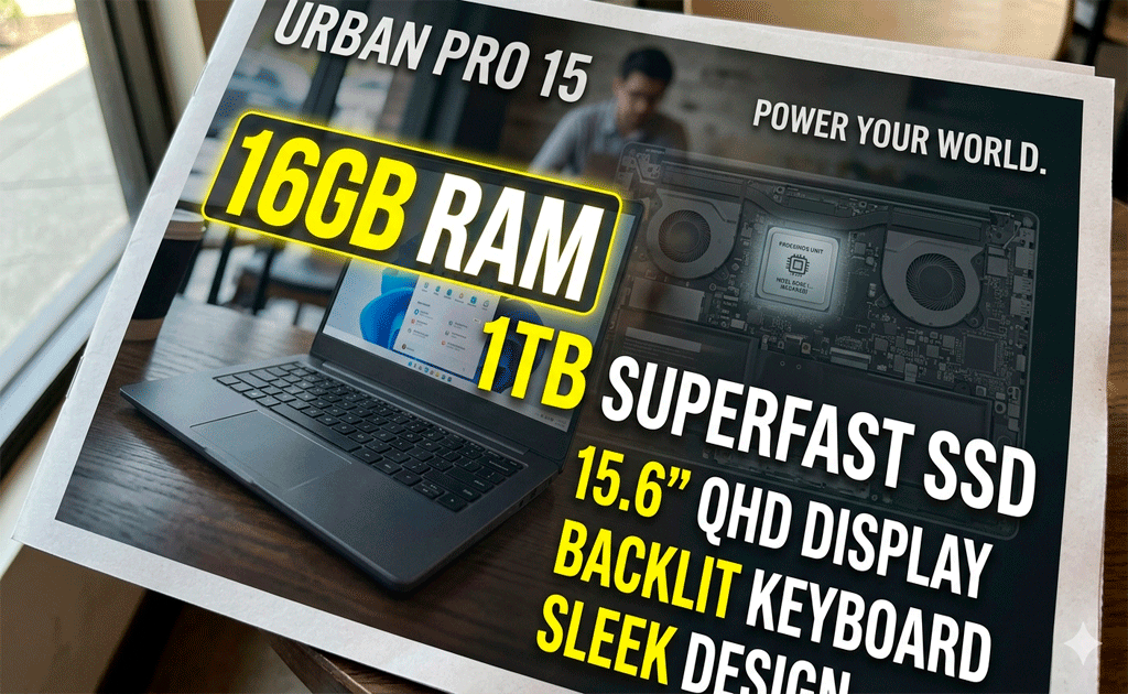 Publicidad de laptop resaltando RAM y almacenamiento como estrategia de marketing