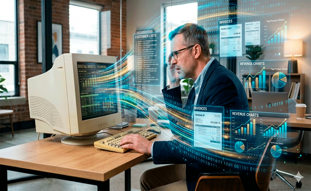 pantalla con datos empresariales y gráficos digitales