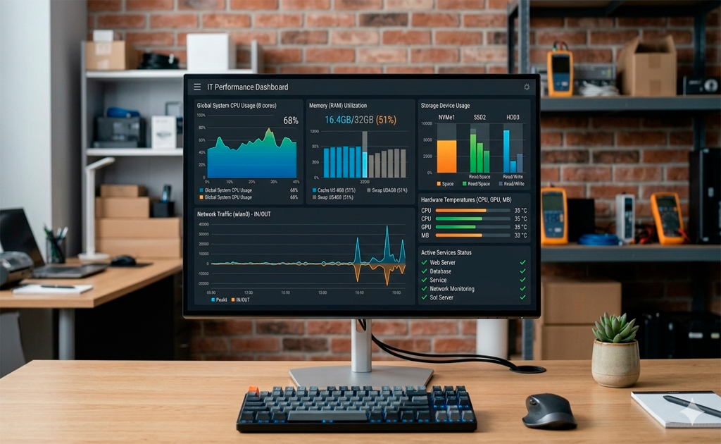 monitor mostrando diagnostico de rendimiento de computadora