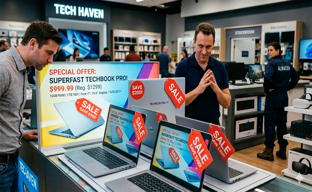 Ofertas de computadoras en una tienda de tecnología con etiquetas de descuento