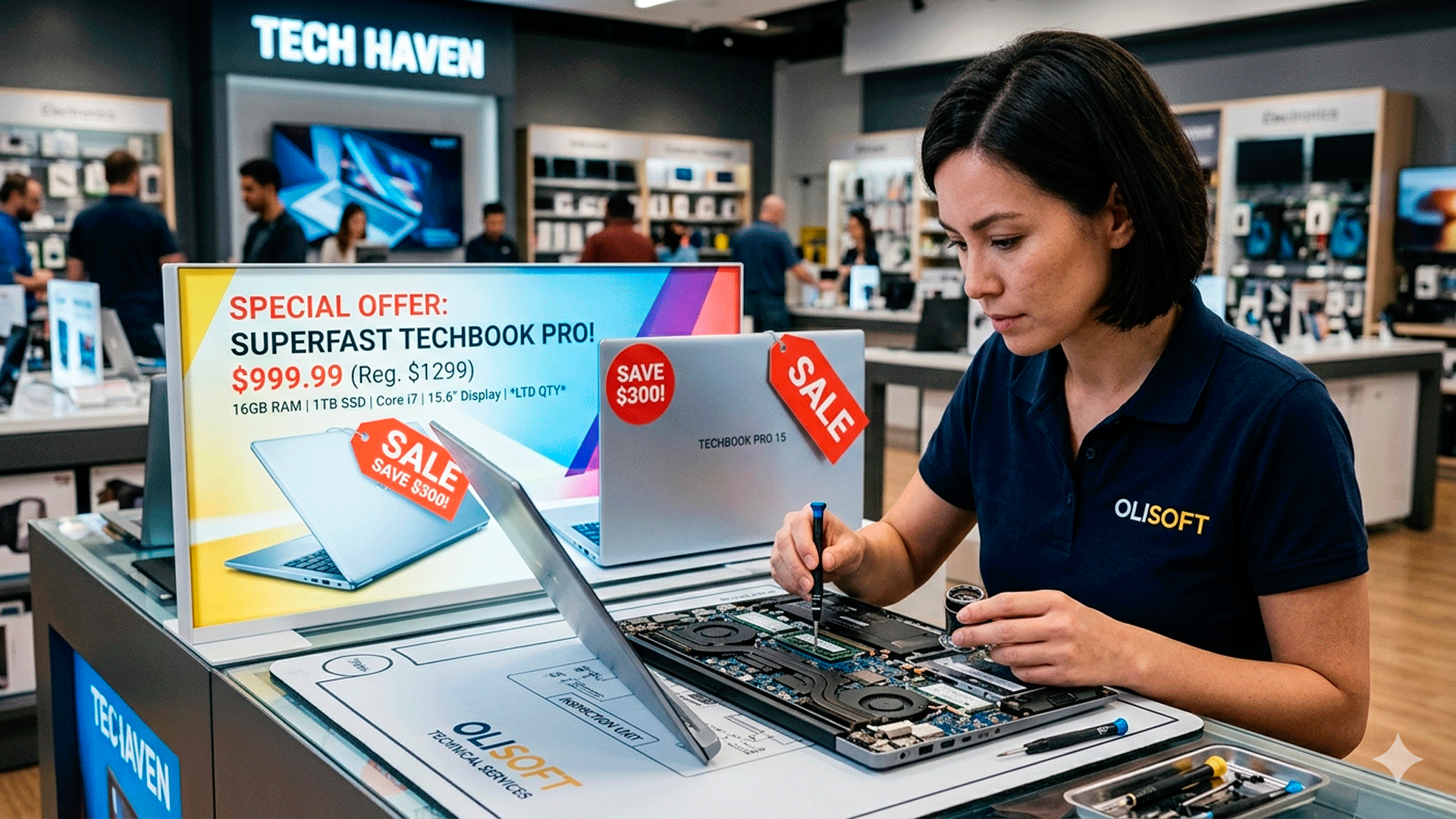 Computadora en oferta en una tienda de tecnología mientras un técnico revisa sus componentes