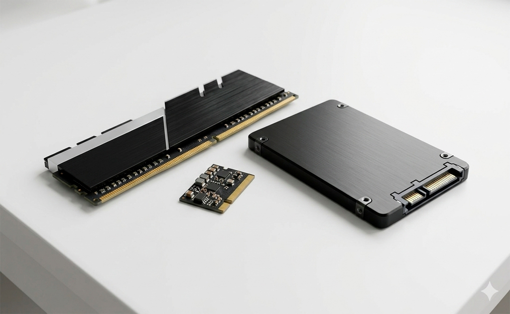 memoria ram y unidad ssd sobre escritorio blanco