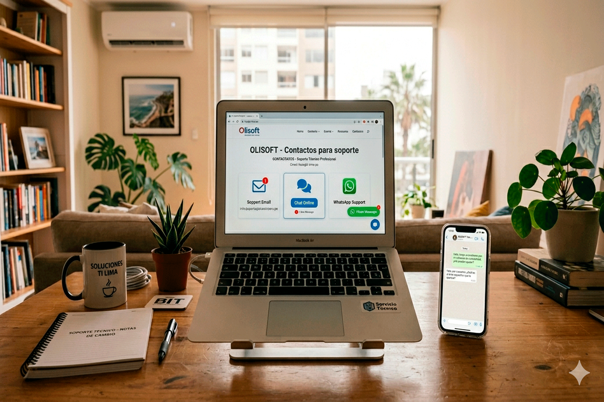 Laptop y smartphone en escritorio representando contacto de soporte técnico