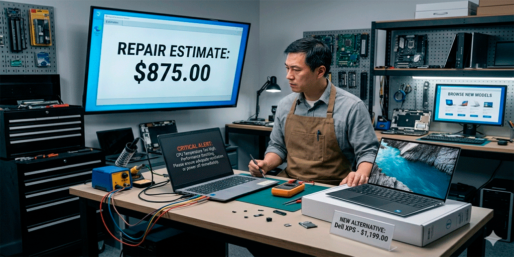 técnico evaluando reparación costosa de laptop