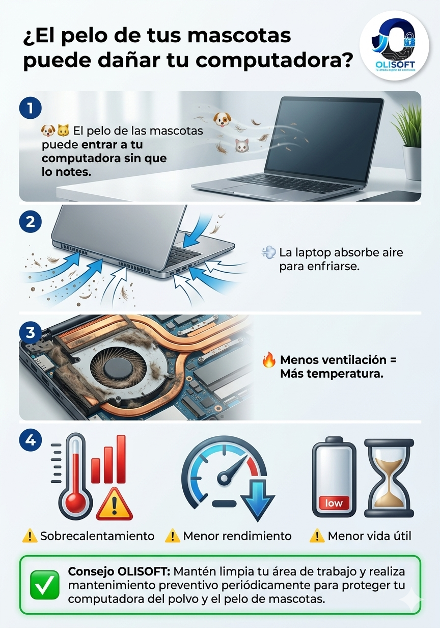 Infografía sobre cómo el pelo de mascotas puede ingresar a una computadora, afectar la ventilación y provocar sobrecalentamiento.